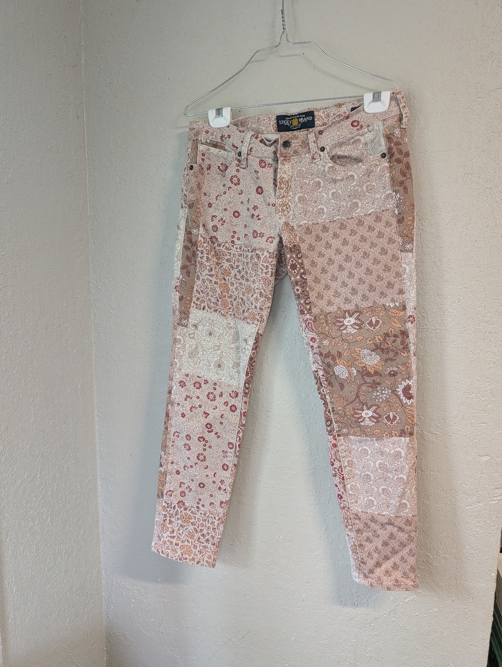 Patchwork Skinny Jeans 8 Blush Low Rise Paisley Floral Boho Festival Denim Fem